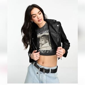 Bershka faux leather biker jacket in black